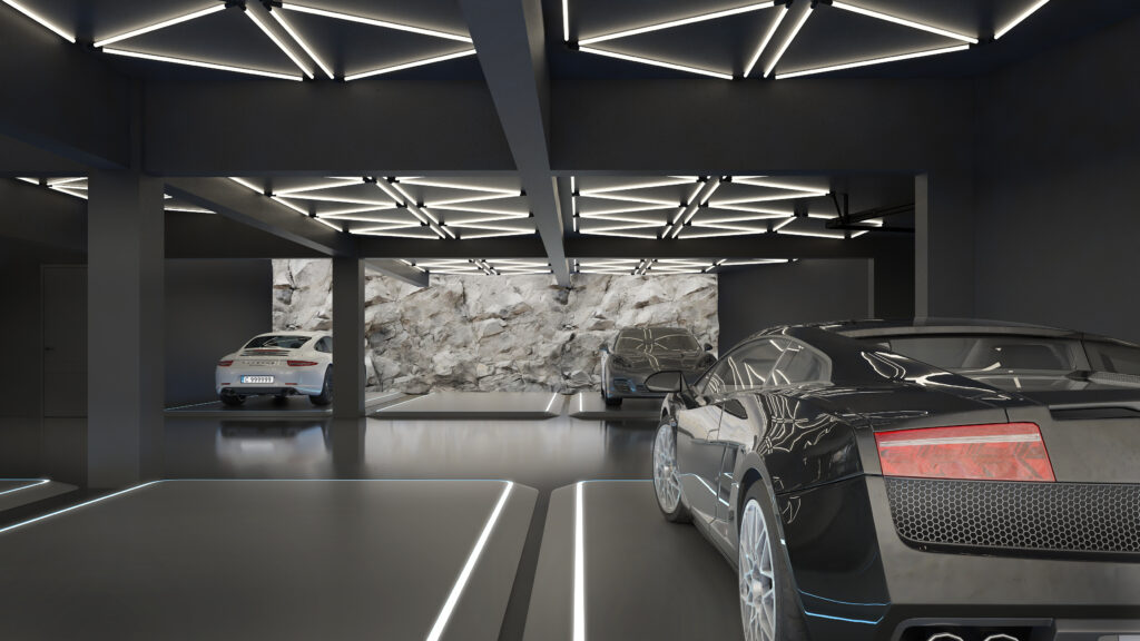 Modern garage ceiling with LED strip lighting design