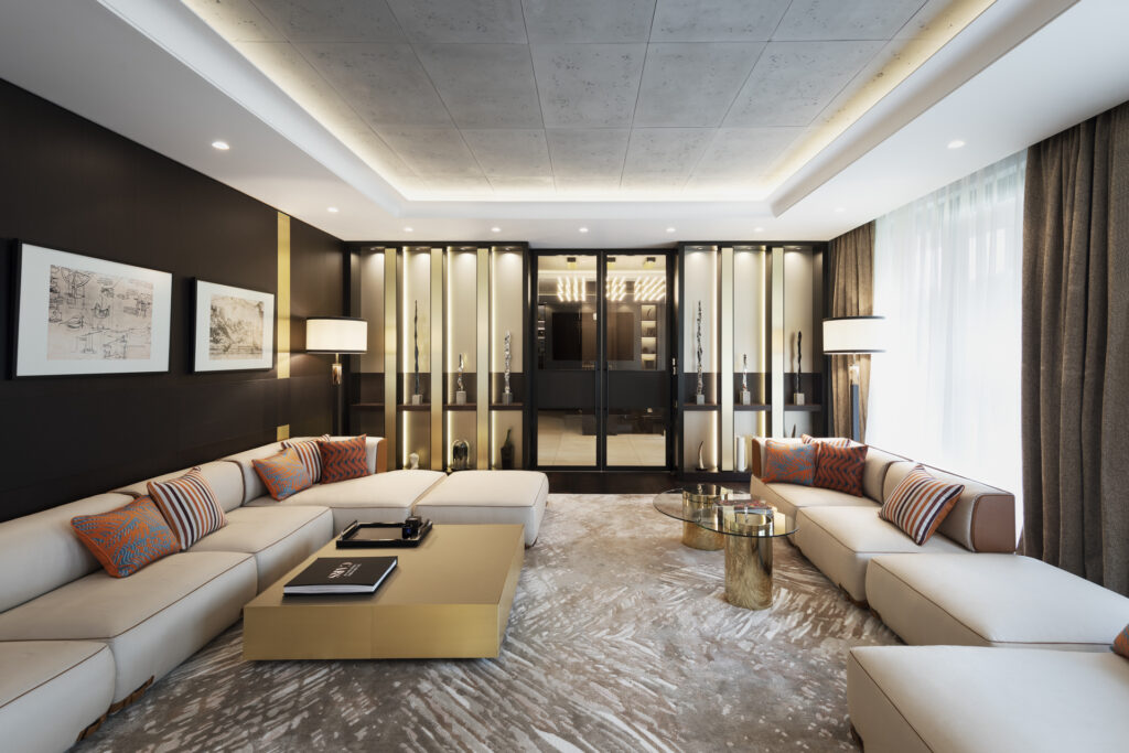 luxury interior design – elegant living room with modern lighting and refined materials