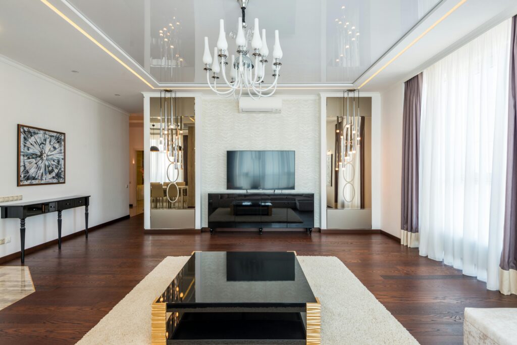 White glossy lacquered ceiling reflecting natural light