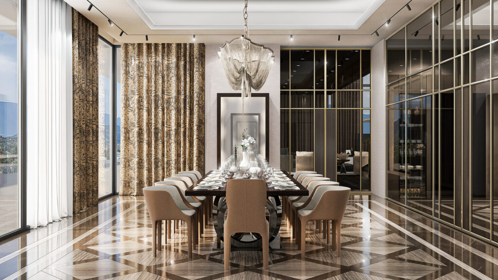 Dining room with soft lighting in a luxurious IDEA International interior