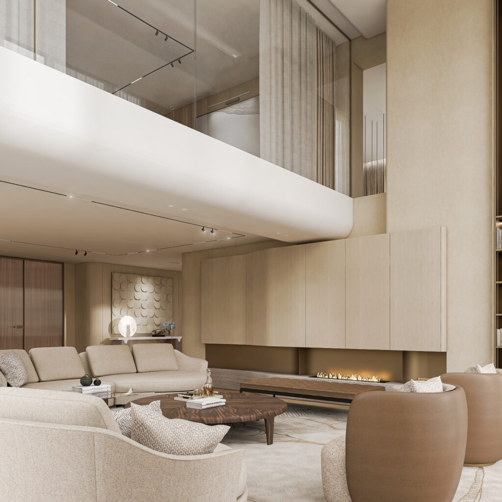 Luxury interior with sustainable materials – wood, stone, textiles